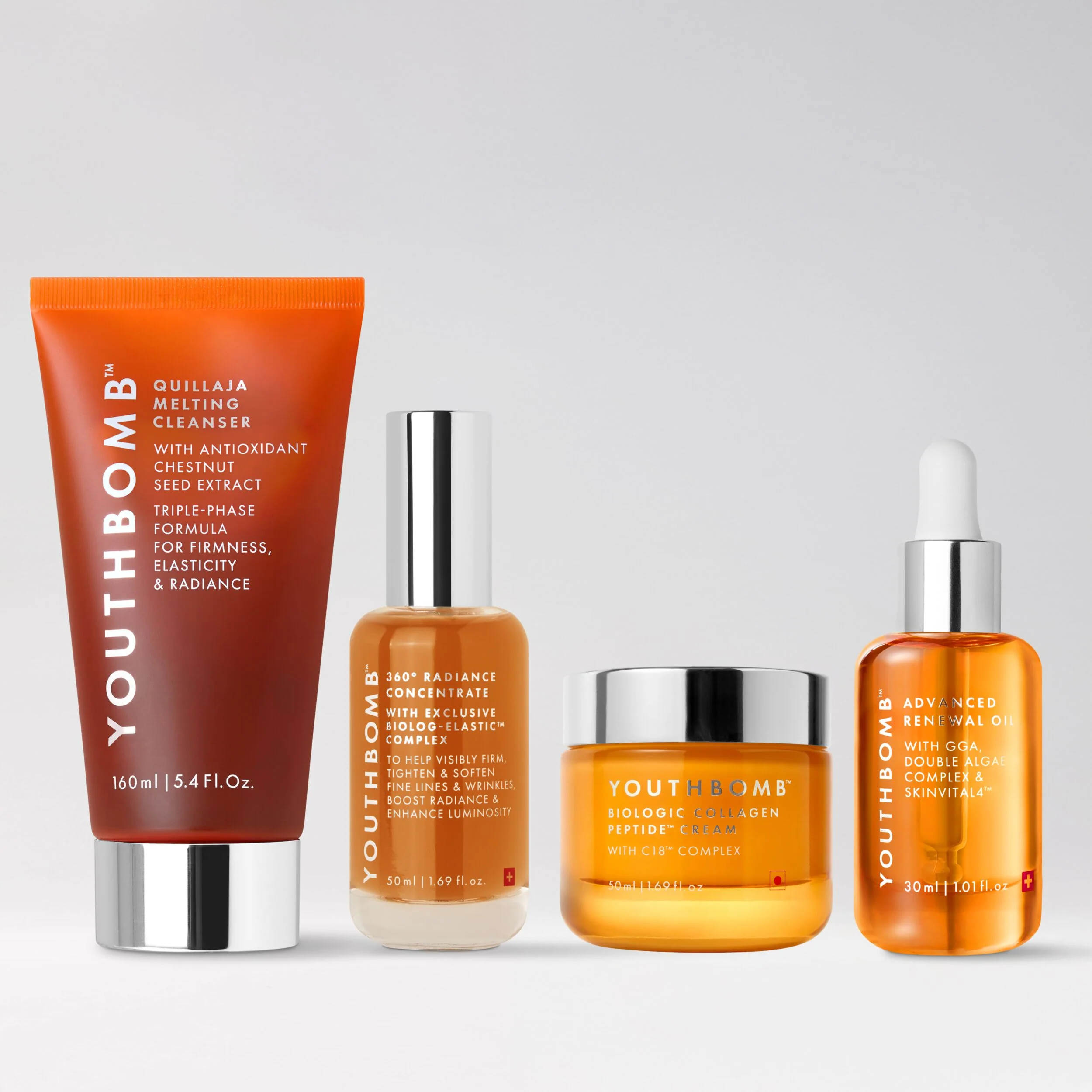 Routine de soins du soir avancée Youthbomb avec nettoyant, sérum, crème et huile